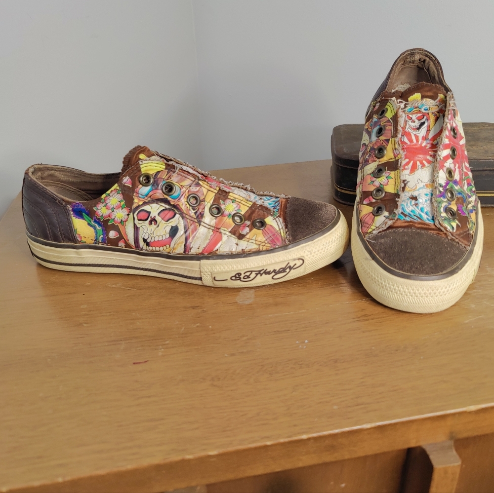 Ed Hardy vintage slide on tennis shoes  Tattoo Logo Flash designs leather trim 6